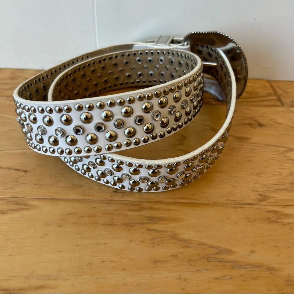 Vintage Rhinestone Western Cowgirl Belt White 1996 Silver Buckle Silver Studs